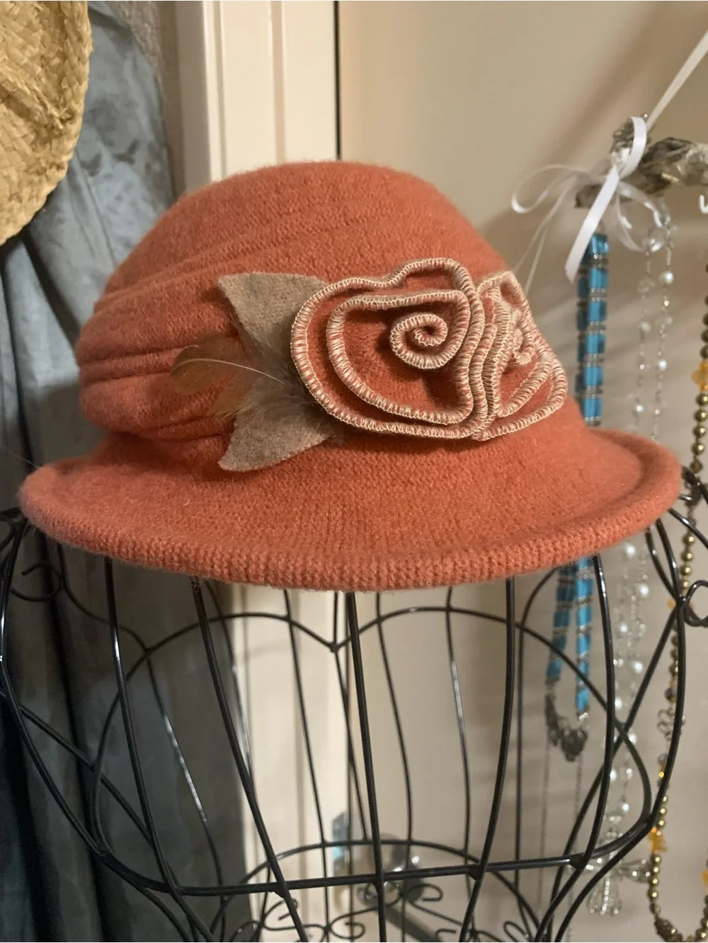 Womens Wool Cloche Hat with Rosette Detail - Rust